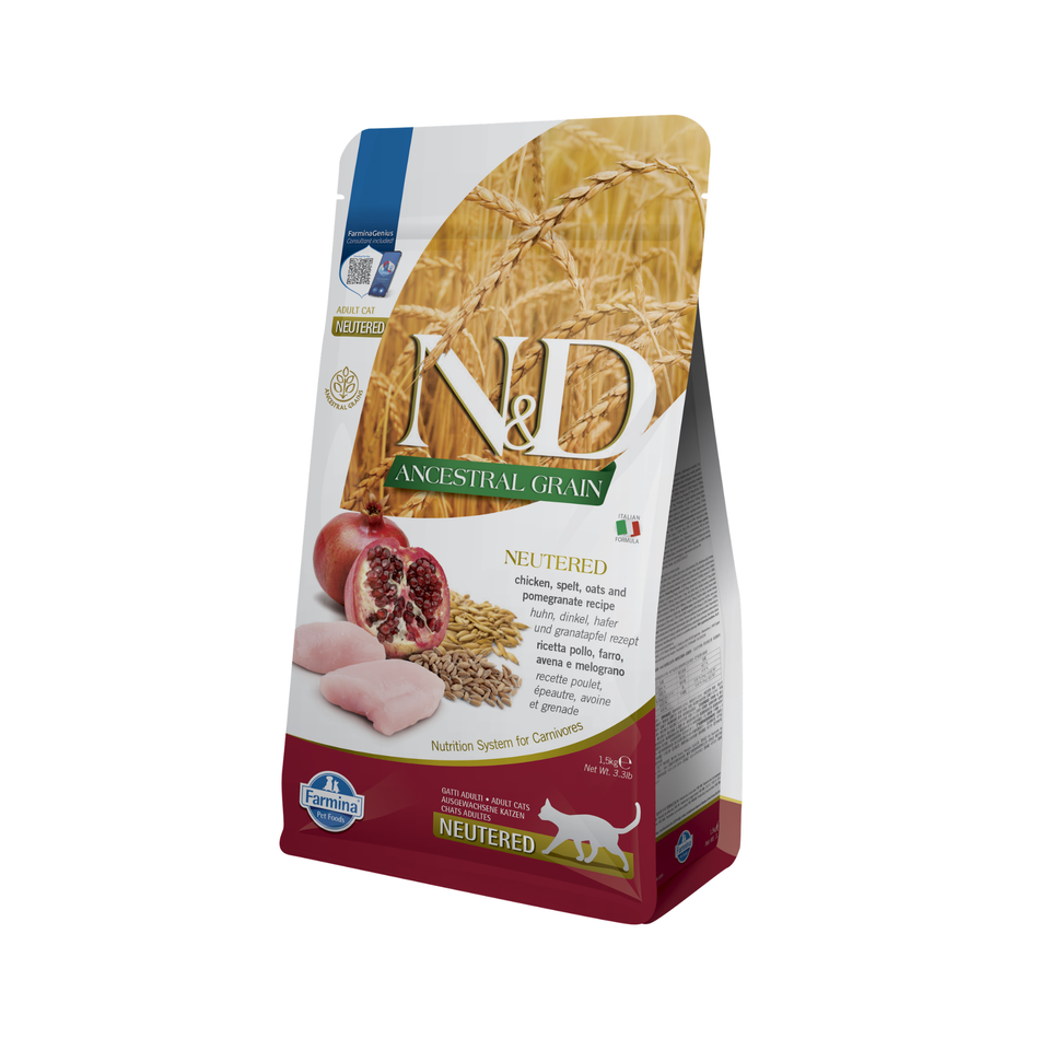 N&D Ancestral Grain Neutered Adult hrană uscată pentru pisici cu pui și rodie, 1,5 kg