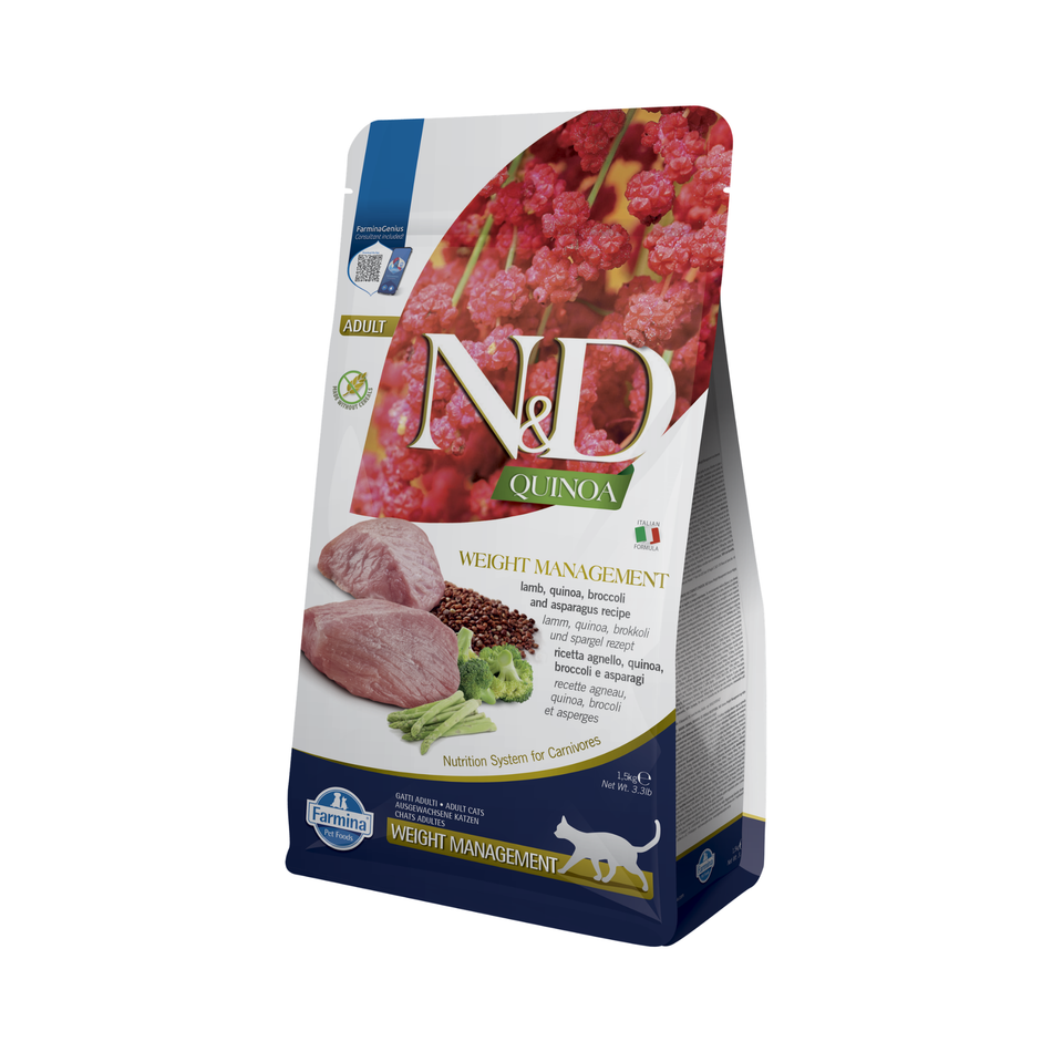 N&D Quinoa Weight Management hrana uscata cu miel pentru pisici, 1.5 kg