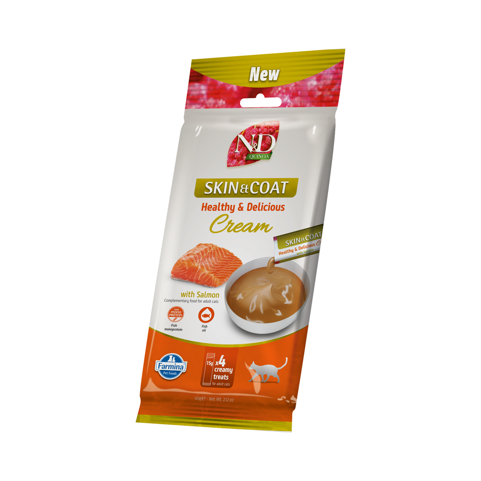 N&D Quinoa Skin & Coat hrana complementara cremoasa pentru pisici, somon, 4 x 15 g