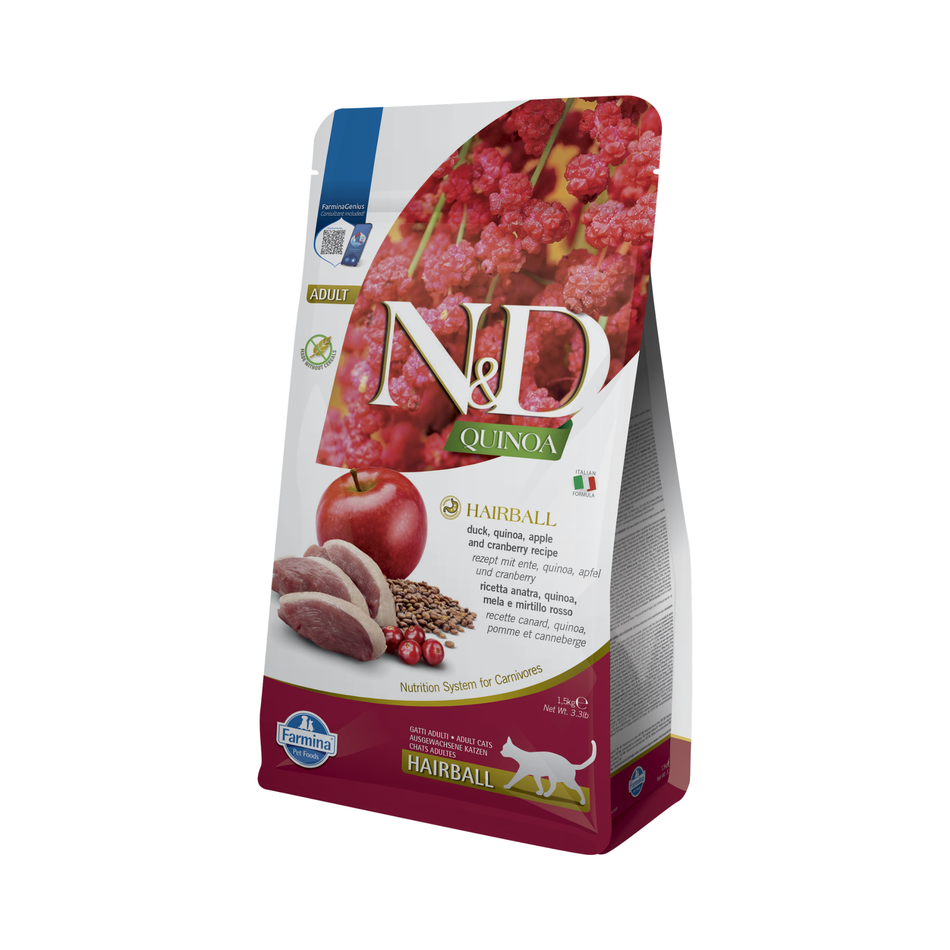 N&D Quinoa Hairball hrana uscata cu rata, quinoa, mar si merisoare pentru pisici, 1.5 kg
