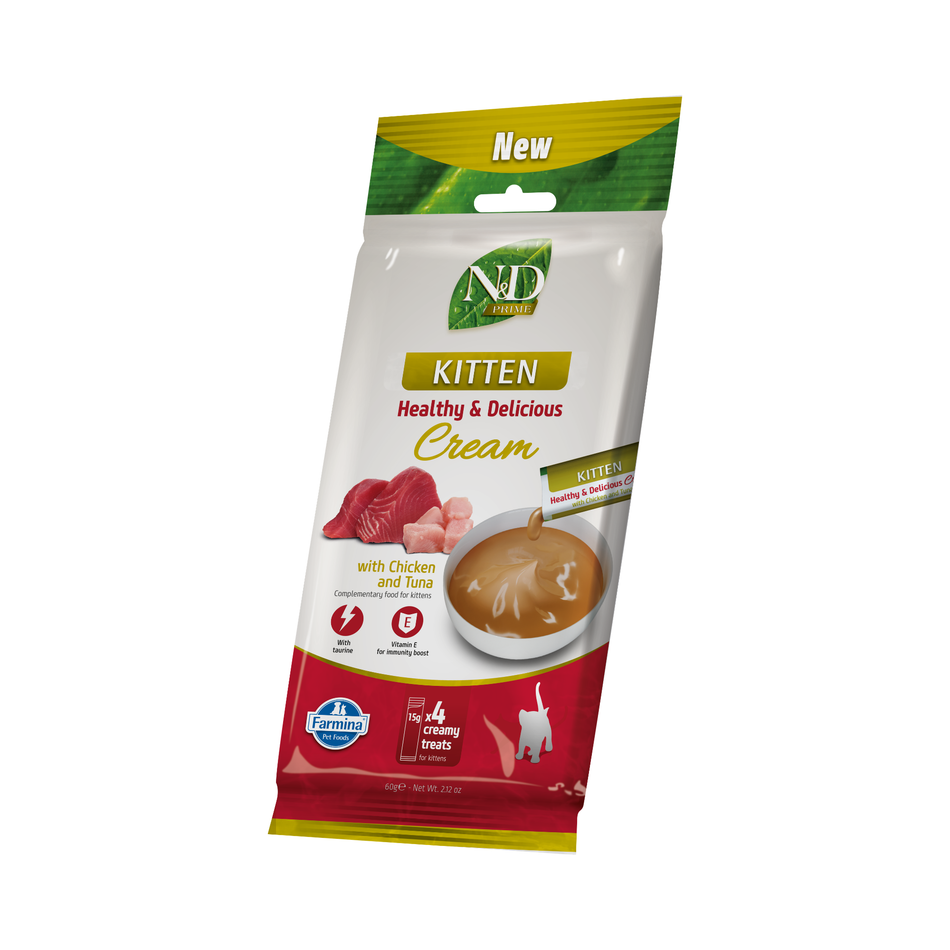 Farmina N&D Prime Kitten recompensa cremoasa cu pui si ton, 4 x 15 g