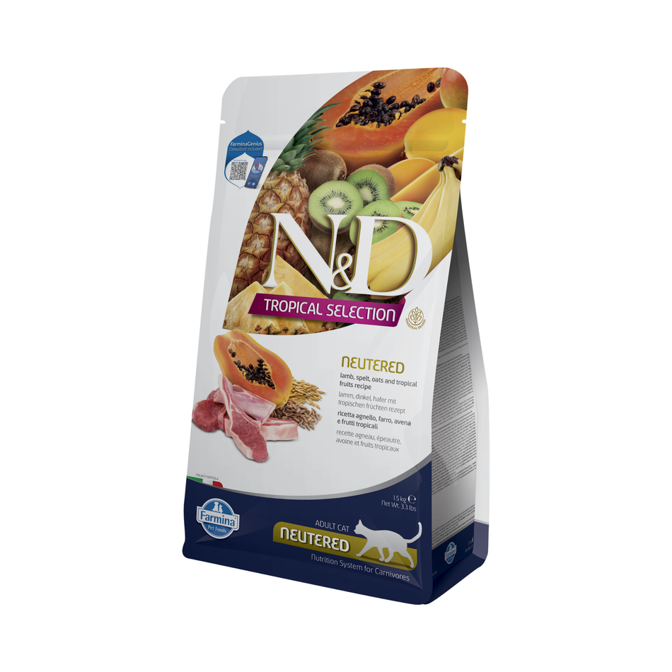 N&D Tropical Selection Neutered hrana uscata cu miel si fructe tropicale pentru pisici, 1.5 kg