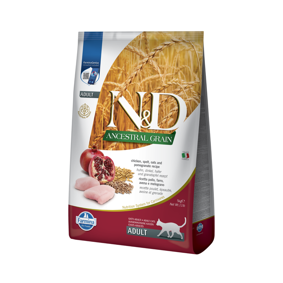 N&D Ancestral Grain Adult hrană uscată pentru pisici cu pui și rodie, 5 kg