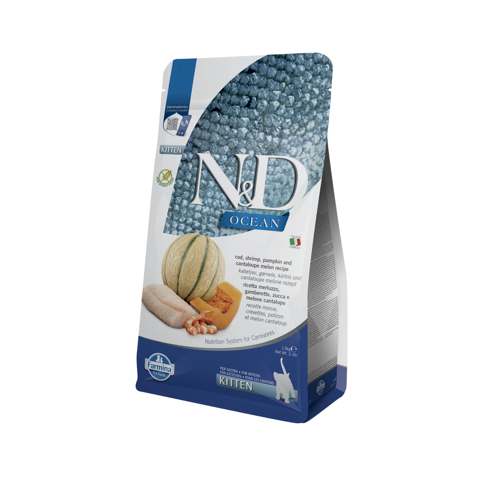 N&D Ocean Kitten hrană uscată pentru pisoi cu cod, creveți, dovleac și pepene galben, 1,5 kg