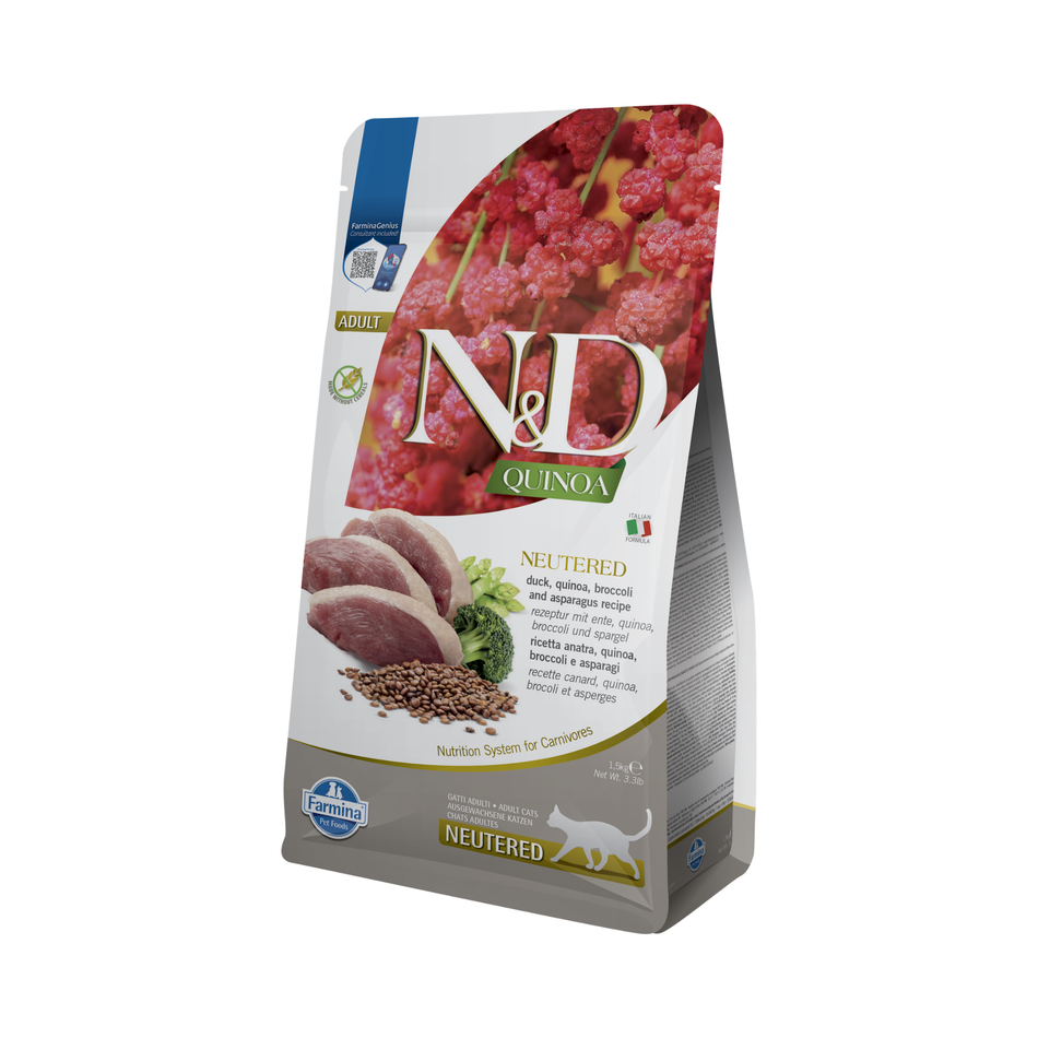 N&D Quinoa Neutered hrana uscata cu rata pentru pisici sterilizate, 1.5 kg