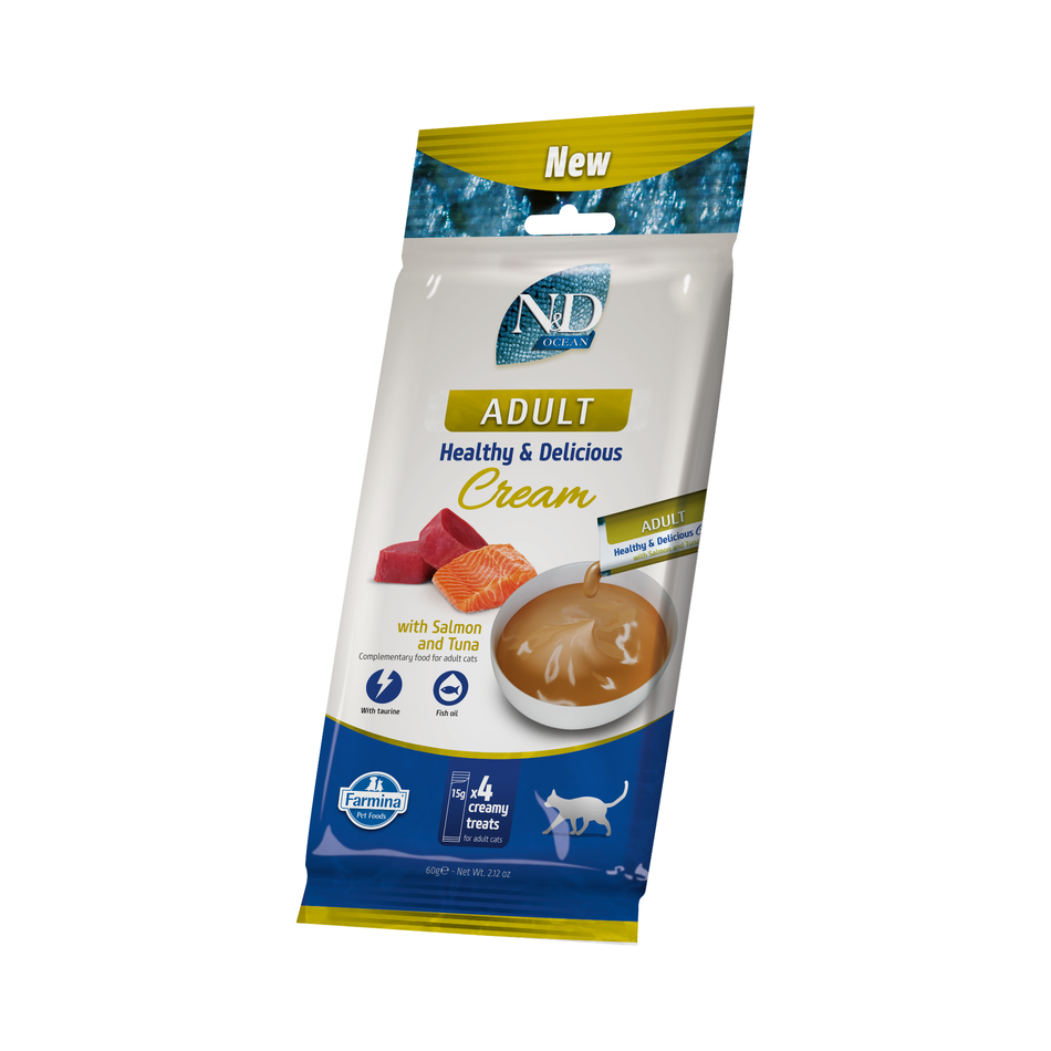 N&D Ocean Adult recompensa cremoasa cu somon si ton pentru pisici, 4 x 15 g