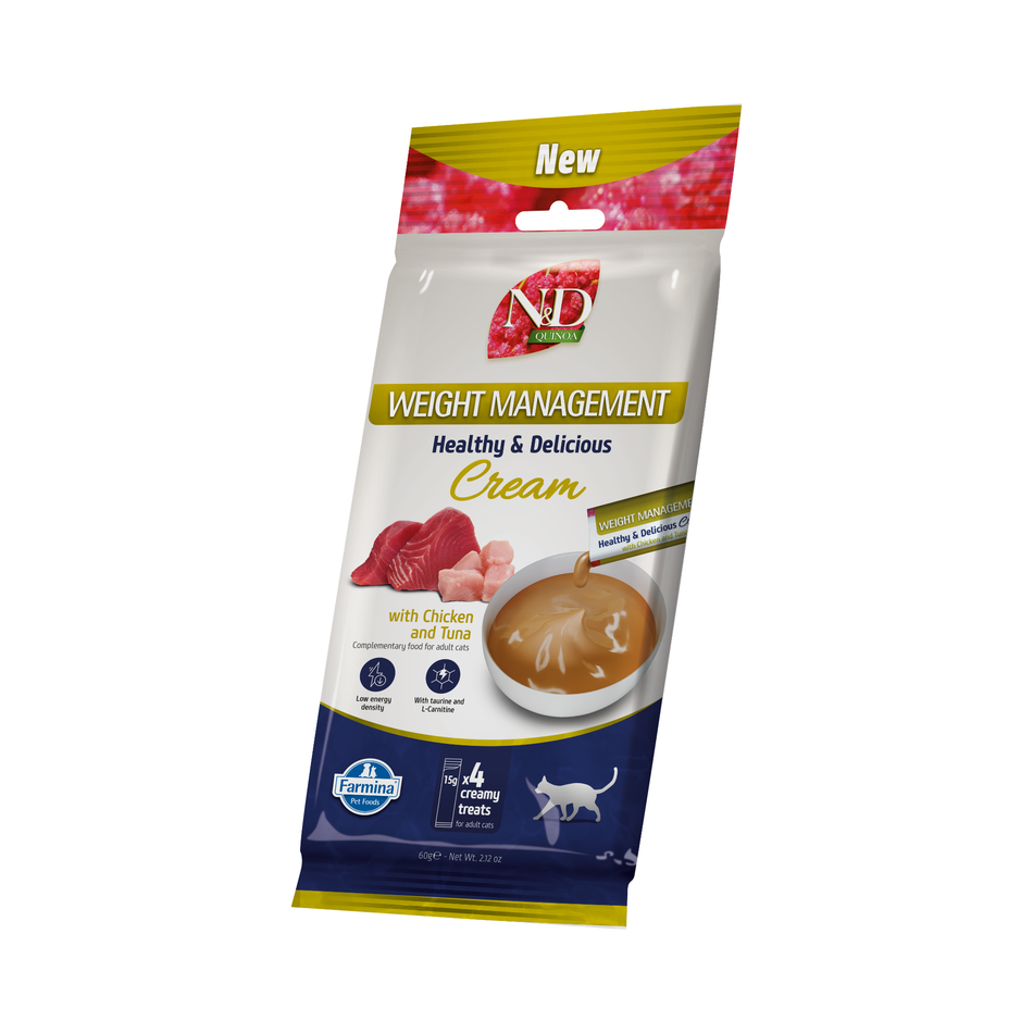 N&D Quinoa Weight Management recompensa cremoasa cu pui si ton pentru pisici, 4 x 15 g