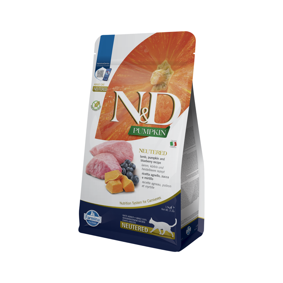 N&D Pumpkin Neutered hrana uscata cu miel, dovleac si afine pentru pisici sterilizate, 1.5 kg