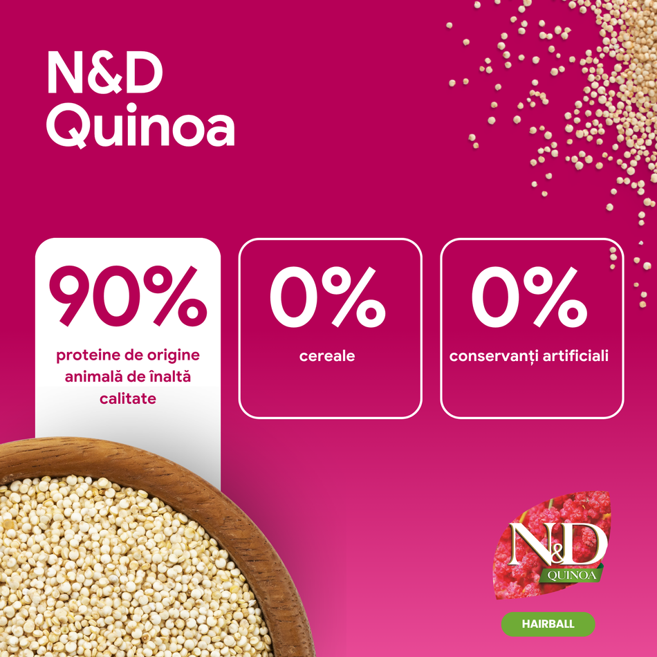 N&D Quinoa Hairball hrana uscata cu rata, quinoa, mar si merisoare pentru pisici, 1.5 kg
