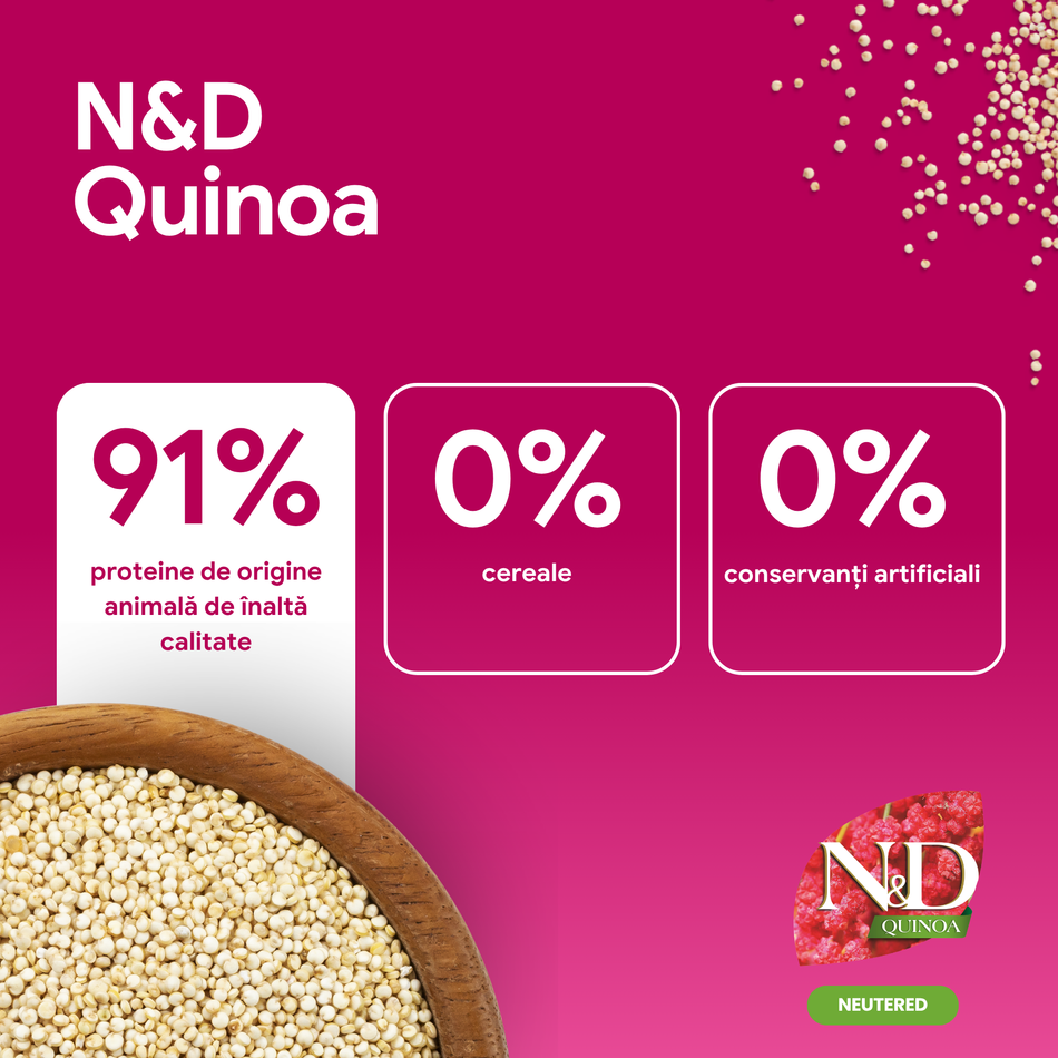 N&D Quinoa Neutered hrana uscata cu rata pentru pisici sterilizate, 1.5 kg