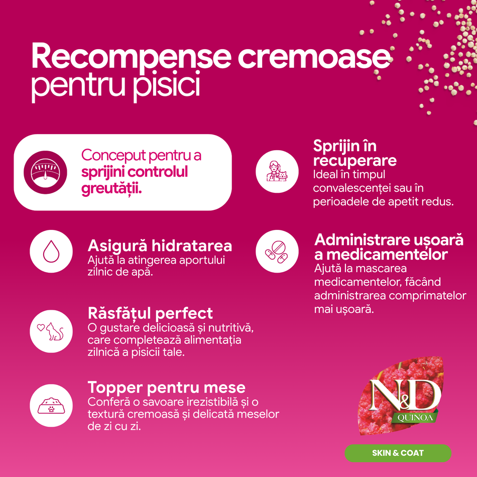 N&D Quinoa Weight Management recompensa cremoasa cu pui si ton pentru pisici, 4 x 15 g