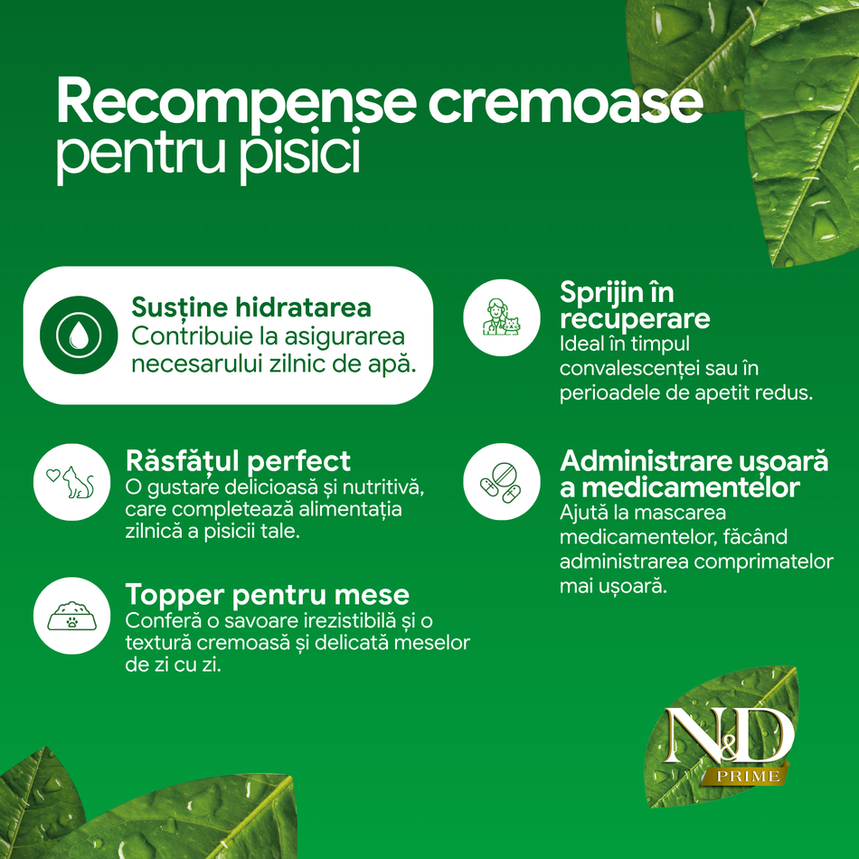 Farmina N&D Prime Kitten recompensa cremoasa cu pui si ton, 4 x 15 g