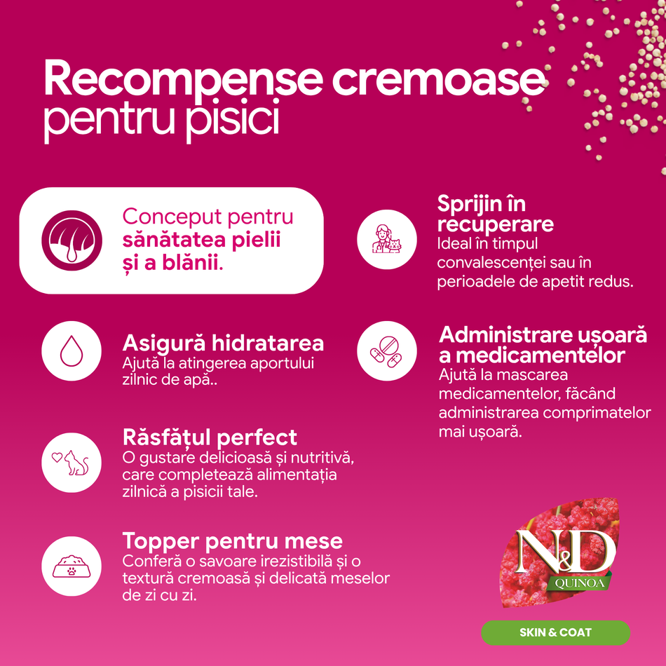 N&D Quinoa Skin & Coat recompensa cremoasa cu somon pentru pisici, 4 x 15 g