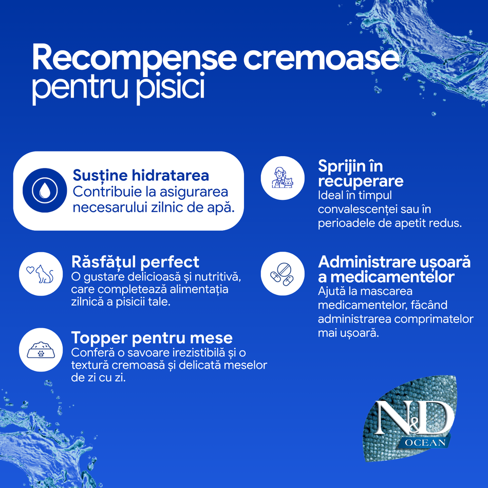 N&D Ocean Adult recompensa cremoasa cu somon si ton pentru pisici, 4 x 15 g