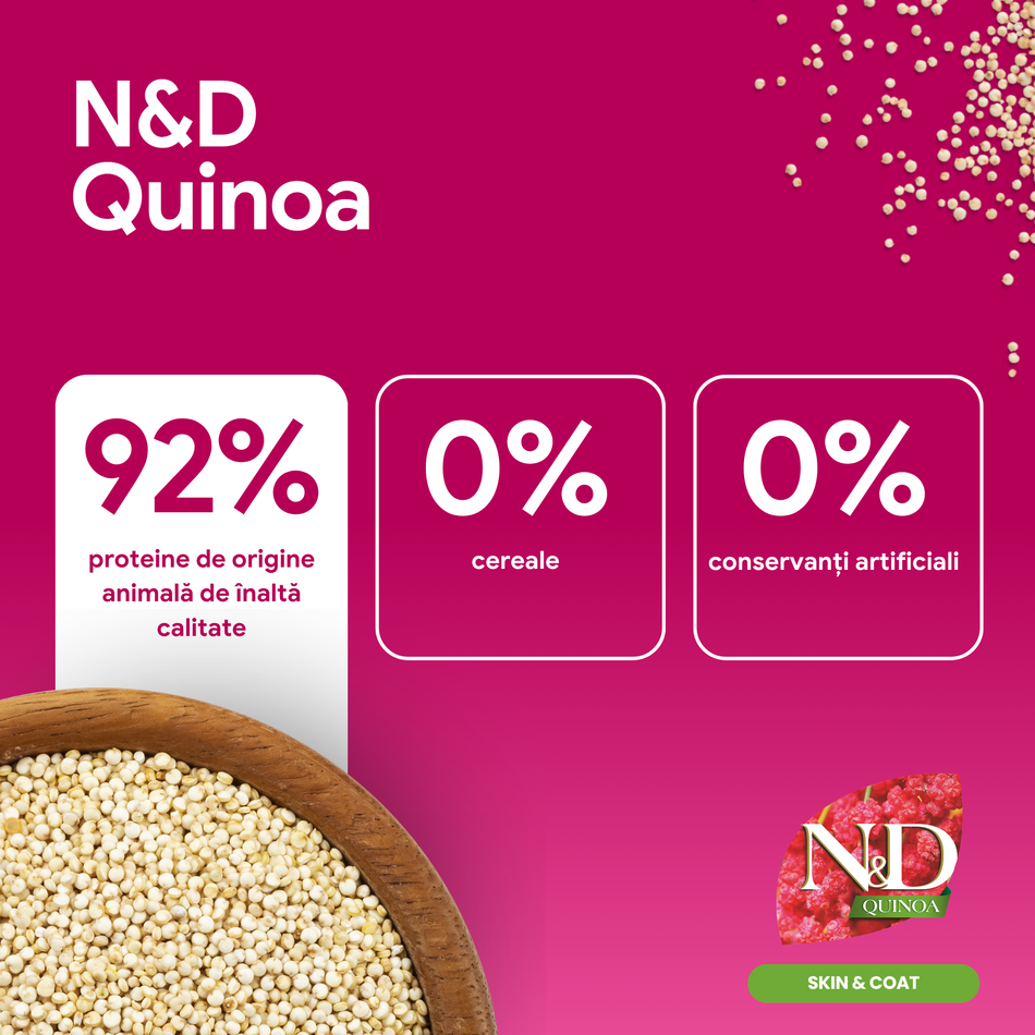 N&D Quinoa Skin & Coat hrana uscata cu prepelita pentru pisici, 1.5 kg