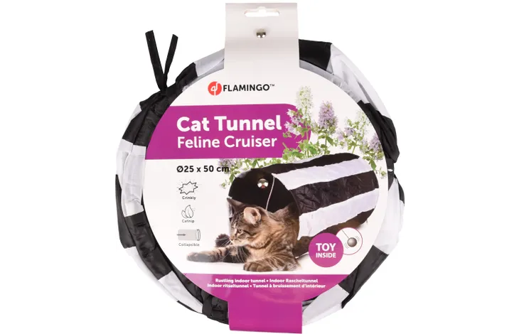 Flamingo Feline tunel de joaca pentru pisici cu minge, alb-negru, 50 x 25 cm