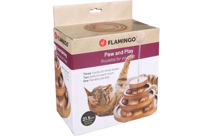 Flamingo Cattivo jucarie interactiva din lemn cu pista si mingi pentru pisici, 21.5 cm