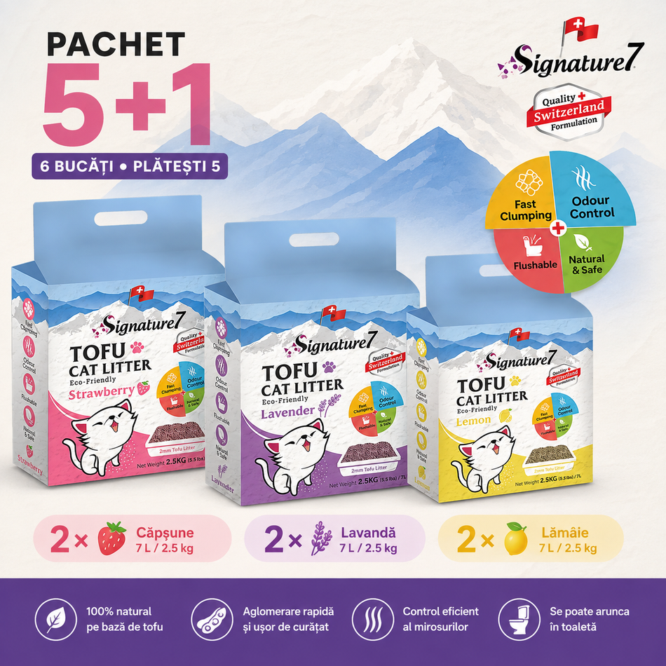 Signature7 Tofu asternut igienic pentru pisici, pachet 5+1, 6 x 7 L