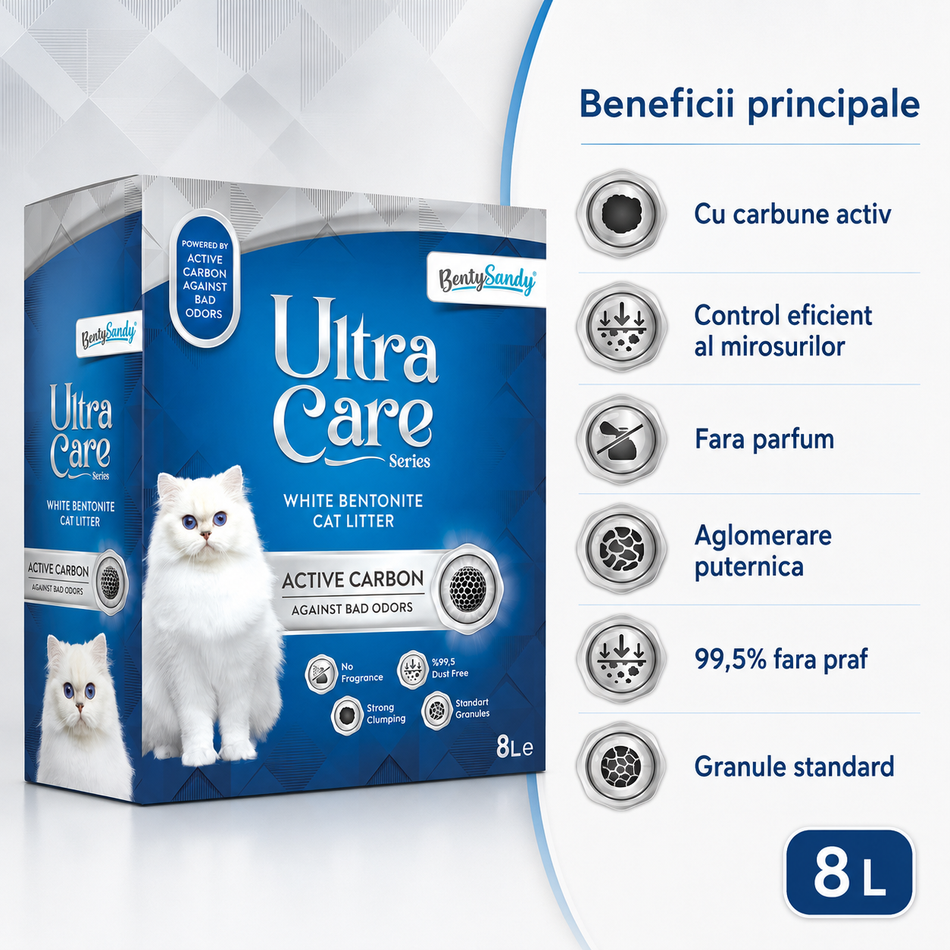 BentySandy Ultra Care Activated Carbon asternut igienic bentonitic cu carbune activ pentru pisici, 8 L