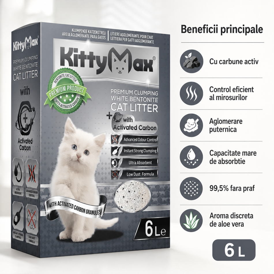 KittyMax Premium Active Carbon asternut igienic bentonitic cu carbune activ pentru pisici, 6 L