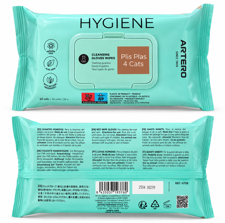 Artero Plis Plas 4 Cats - Manusi Hygiene de curatare pentru pisici, 20 buc.