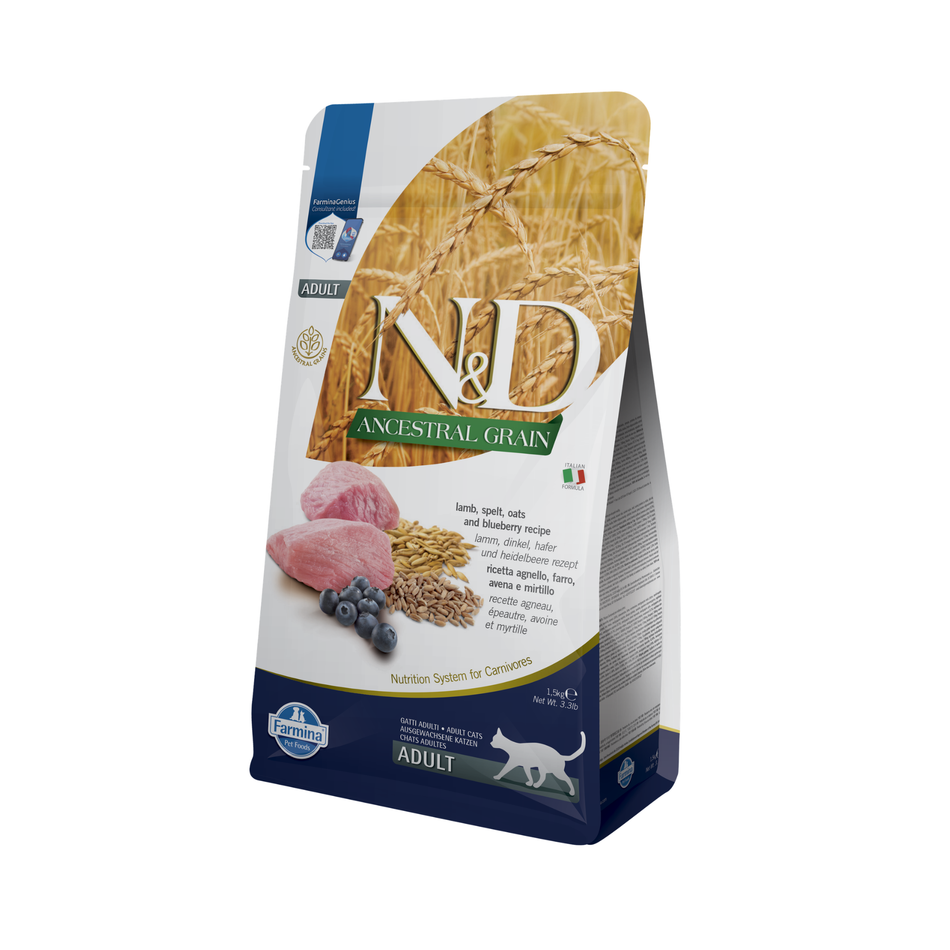 N&D Ancestral Grain Adult hrană uscată pentru pisici cu miel și afine, 1,5 kg