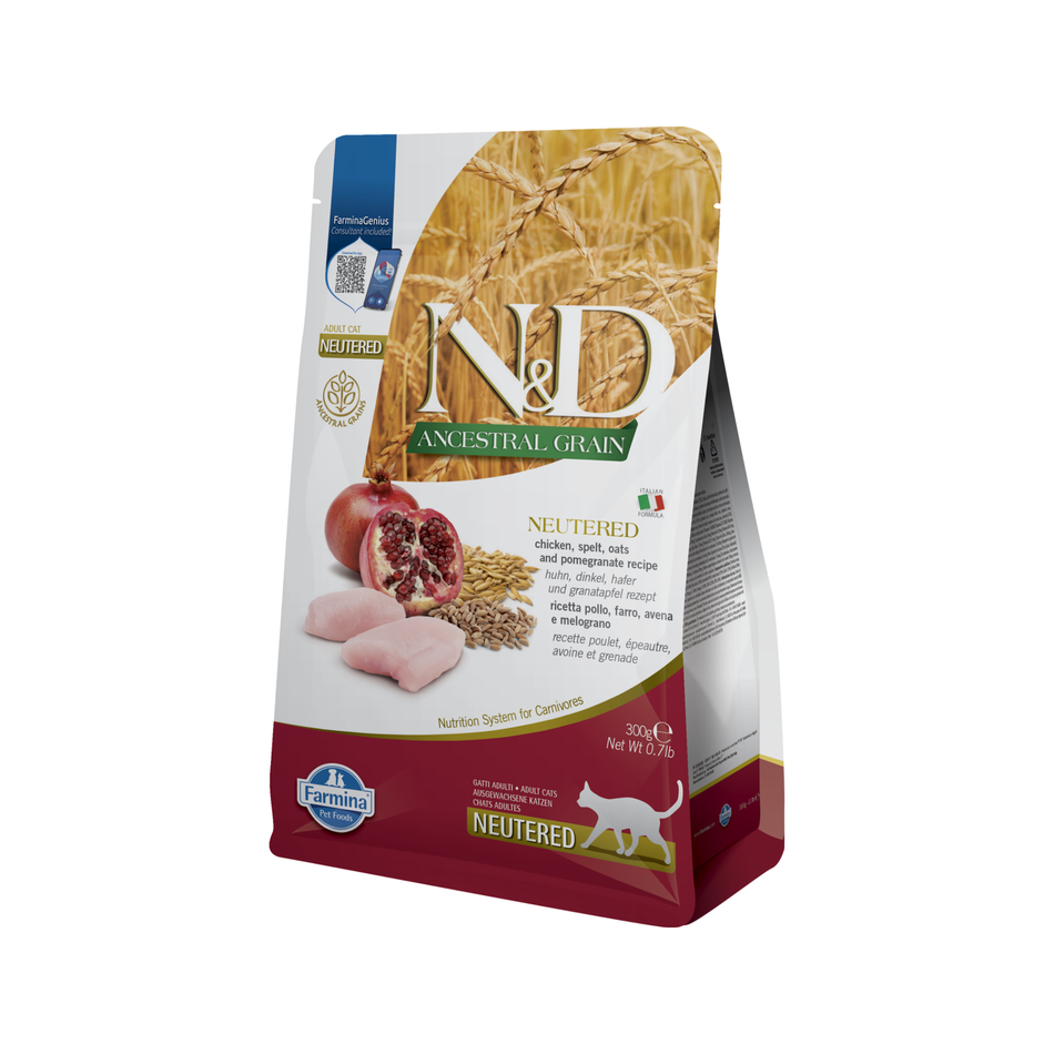 N&D Ancestral Grain Neutered hrană uscată pentru pisici, cu pui și rodie, 300 g