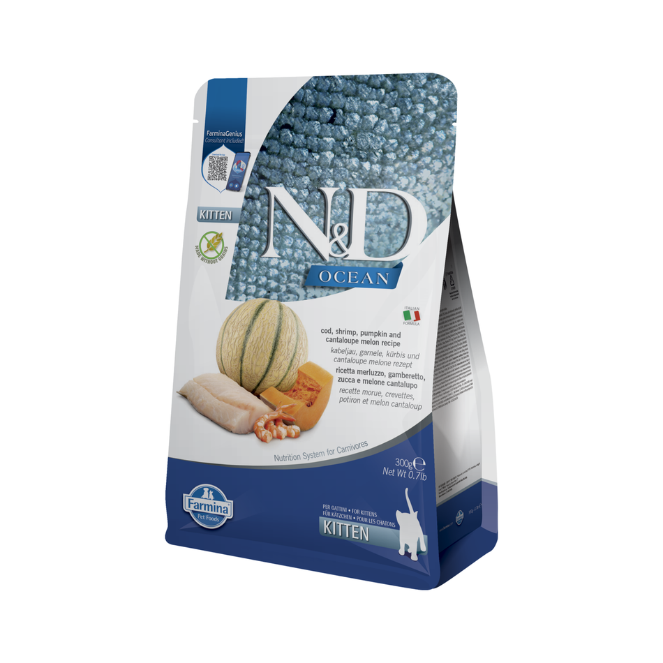 N&D Ocean Kitten hrană uscată pentru pisoi cu cod, creveți, dovleac și pepene galben, 300 g