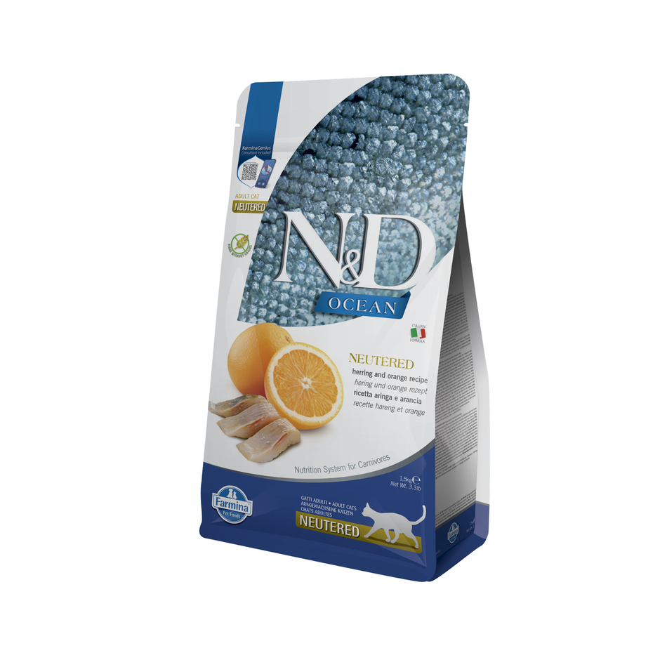 N&D Ocean Neutered Adult hrană uscată pentru pisici cu hering și portocală, 1,5 kg