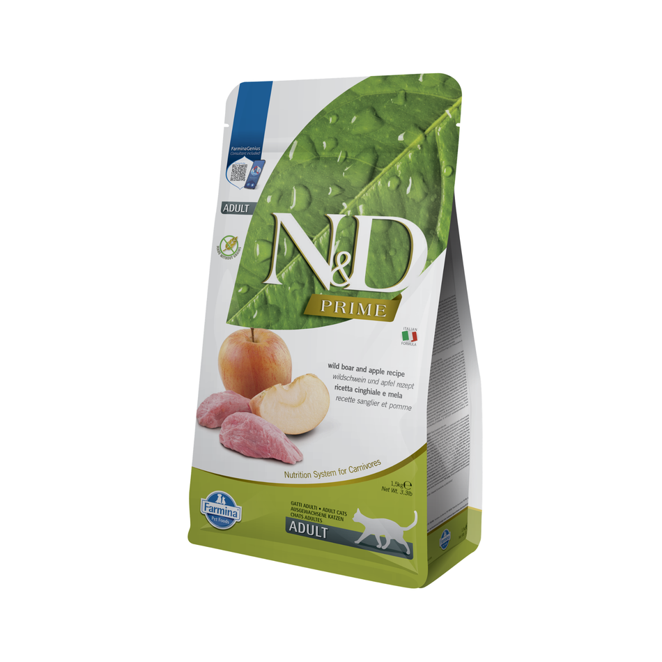 N&D Prime Adult hrană uscată pentru pisici cu mistreț și măr, 1,5 kg