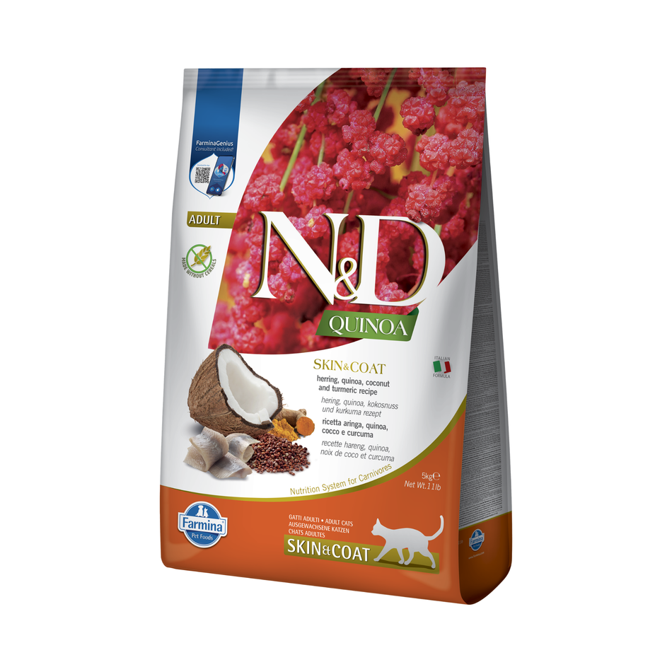 N&D Quinoa Skin & Coat hrana uscata cu hering pentru pisici, 5 kg