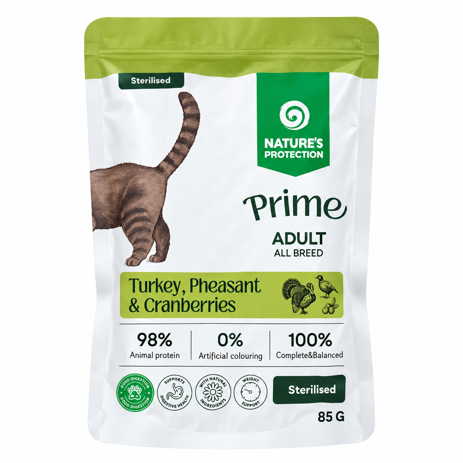 Nature's Protection Prime Sterilised hrana umeda pentru pisici cu curcan, fazan si merisoare, 85 g