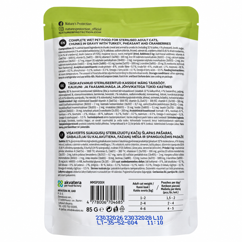 Nature's Protection Prime Sterilised hrana umeda pentru pisici cu curcan, fazan si merisoare, 85 g