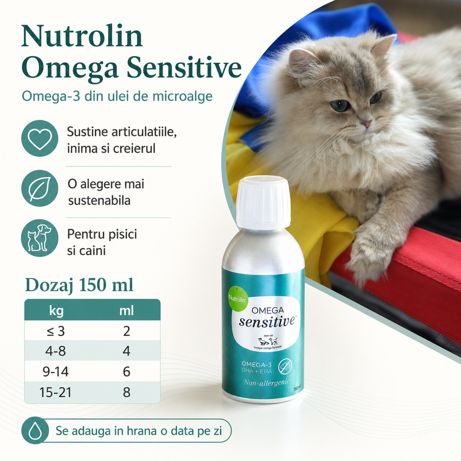 Nutrolin Omega Sensitive ulei cu Omega-3 din microalge pentru pisici, 150 ml