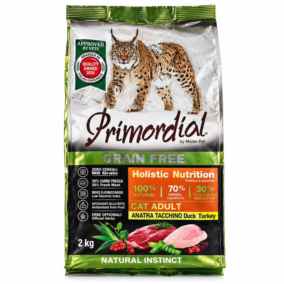 Primordial Grain Free Adult hrana uscata pentru pisici cu rata, pui si curcan, 2 kg
