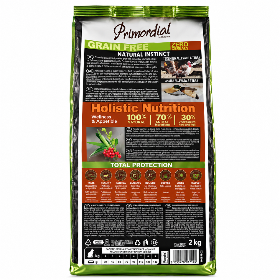 Primordial Grain Free Adult hrana uscata pentru pisici cu rata, pui si curcan, 2 kg