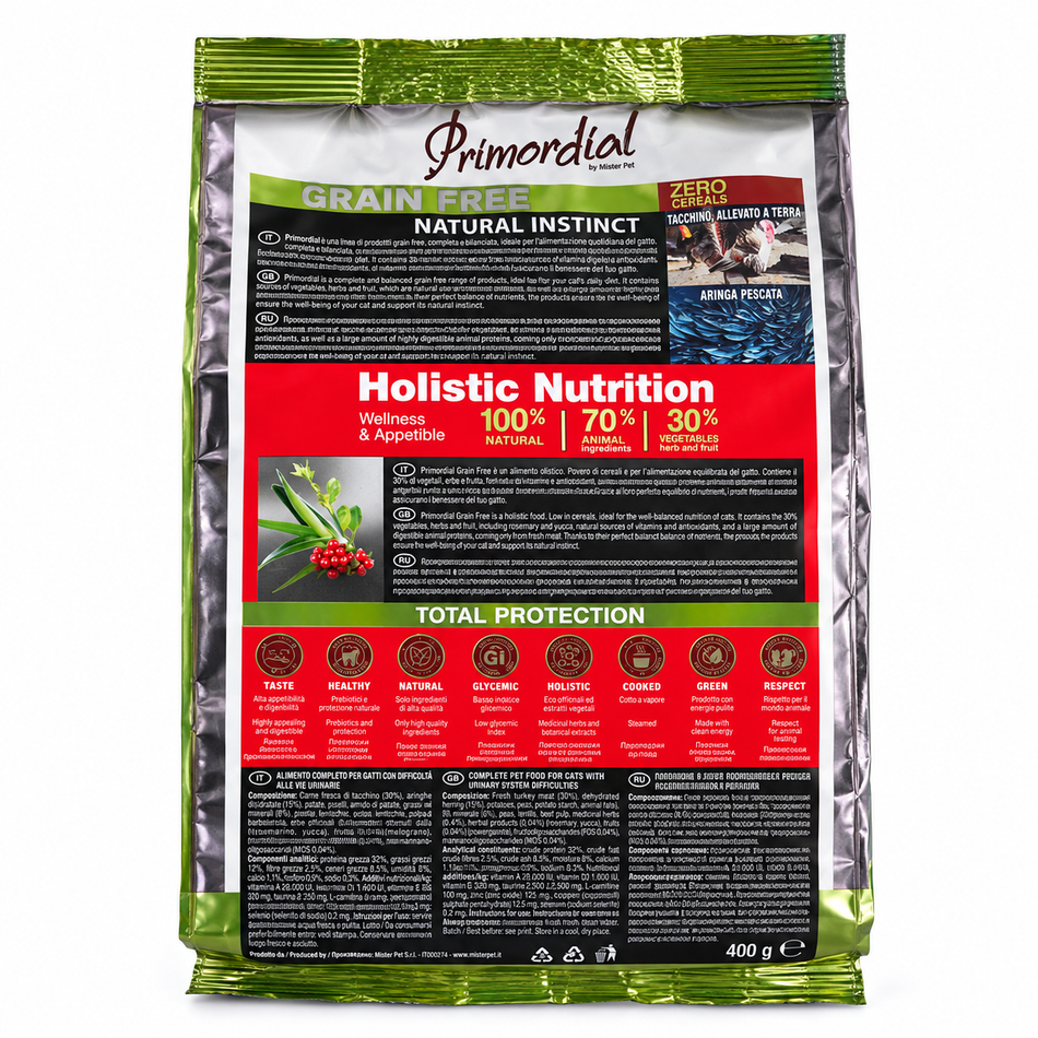 Primordial Grain Free Urinary hrana uscata pentru pisici cu curcan si hering, 400 g