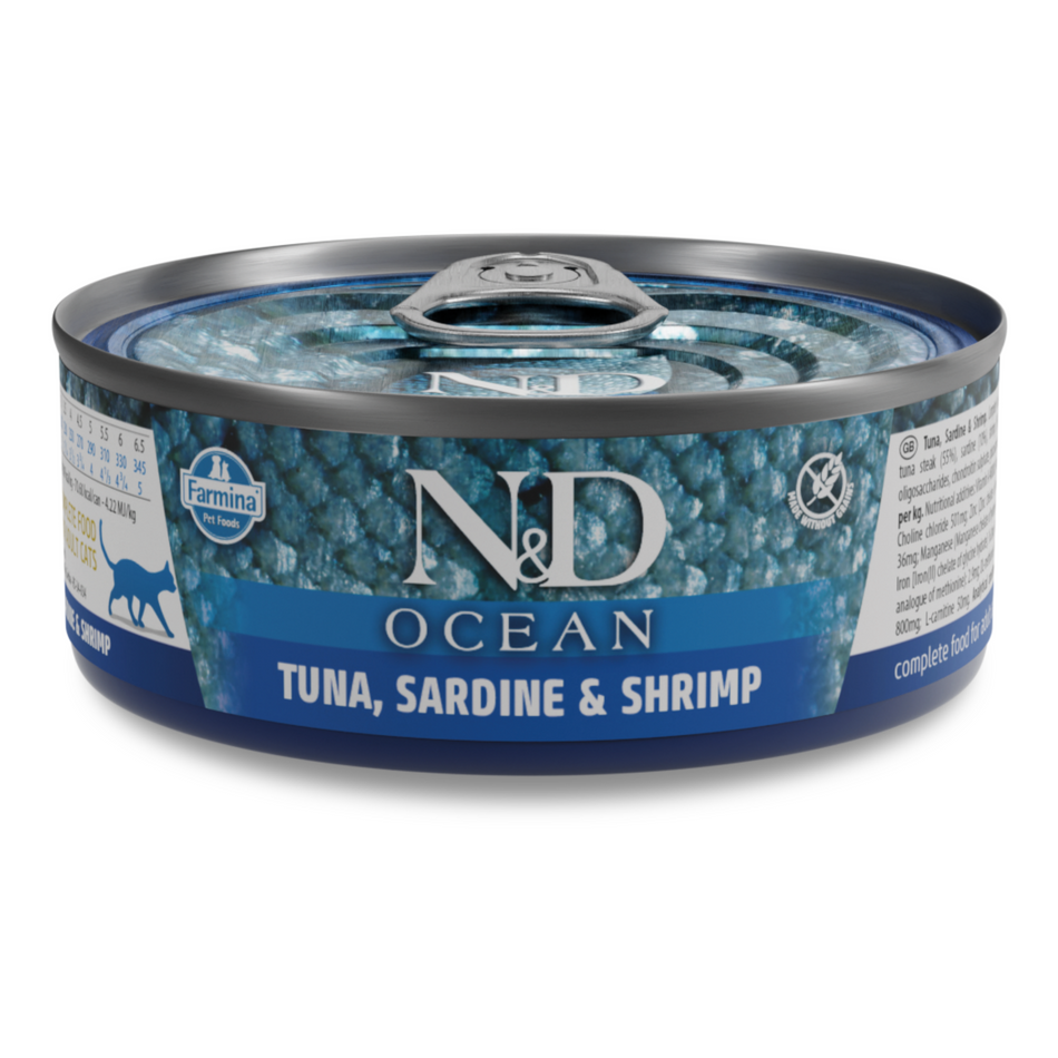 N&D Ocean hrana umeda cu ton, sardine si creveti pentru pisici, 70 g