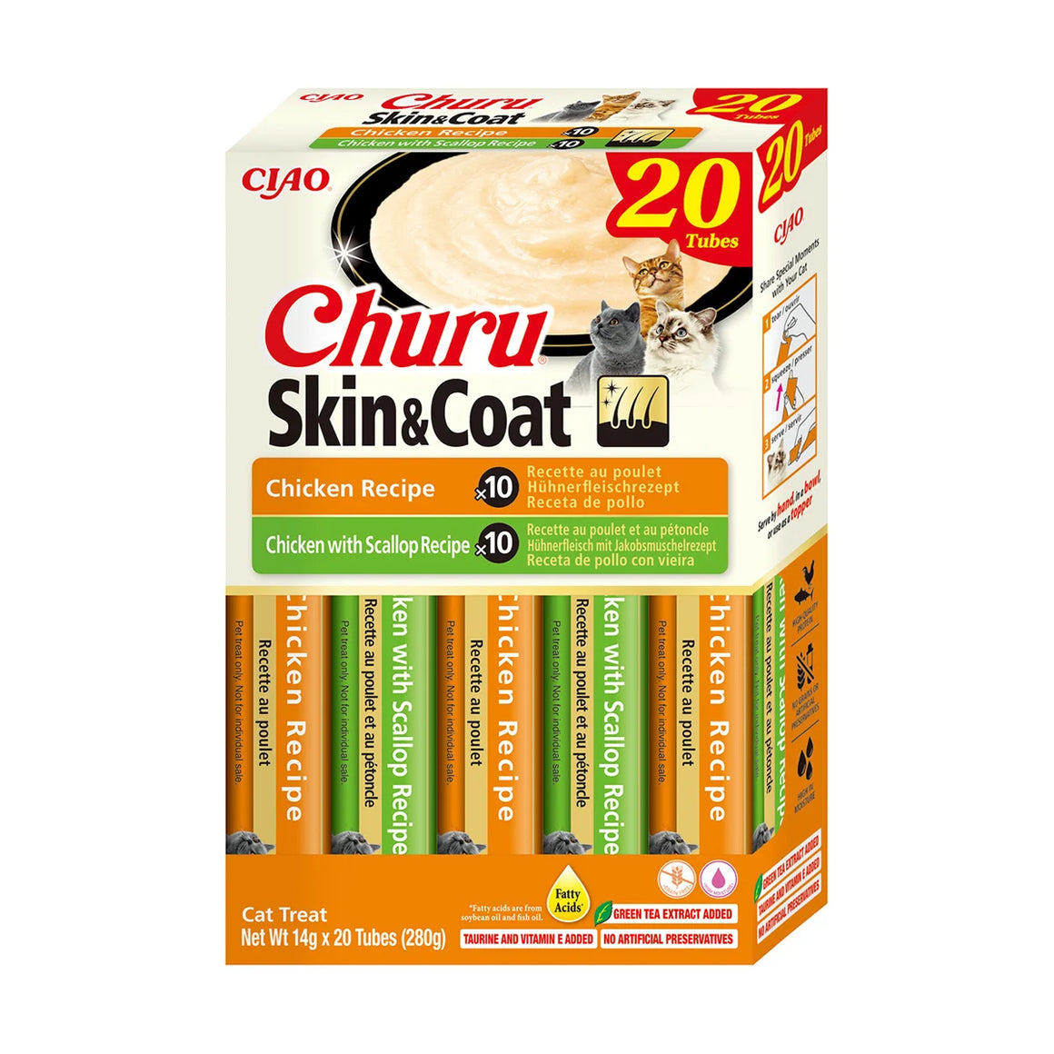 Churu Skin & Coat mix recompense cremoase pentru pisici cu pui și pui cu scoici, 20 x 14 g