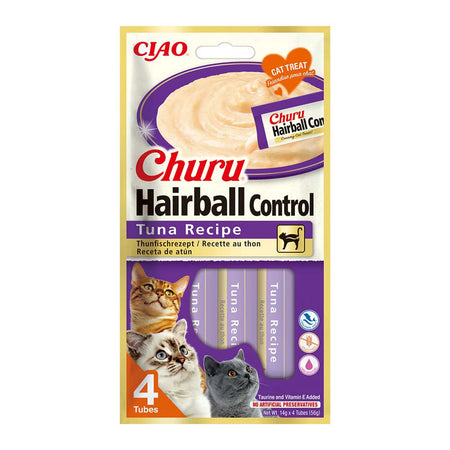 Ciao Churu Hairball Control recompensă cremoasă pentru pisici cu ton, 4 x 14 g