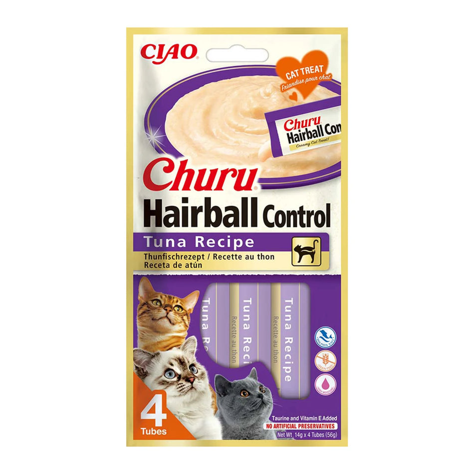 Ciao Churu Hairball Control recompensă cremoasă pentru pisici cu ton, 4 x 14 g