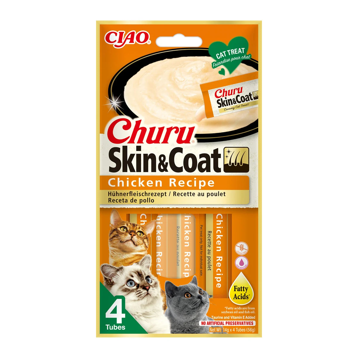 Churu Skin & Coat recompensă cremoasă pentru pisici cu pui, 4 x 14 g