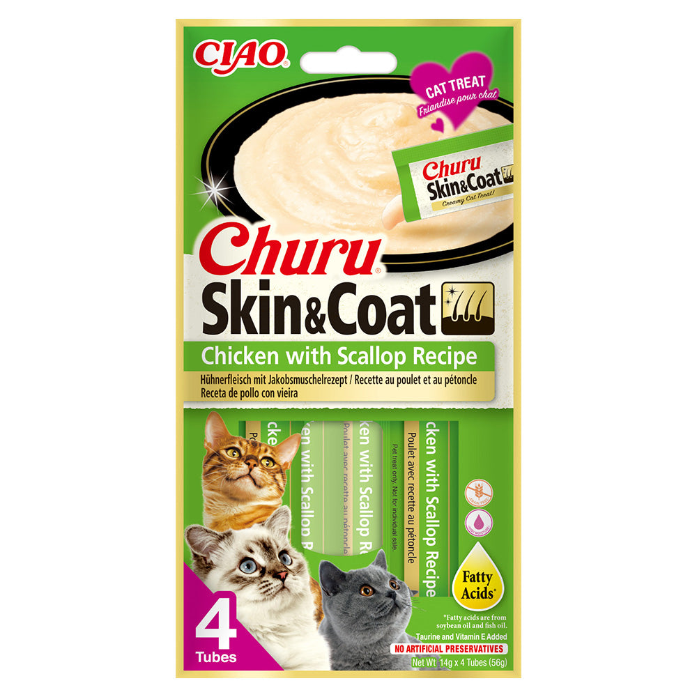 Churu Skin & Coat recompensă cremoasă pentru pisici cu pui și scoici, 4 x 14 g