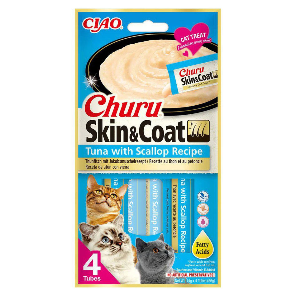 Churu Skin & Coat recompensa cremoasa pentru pisici, ton cu scoici, 4 x 14 g