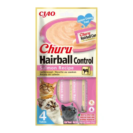 Ciao Churu Hairball Control recompensă cremoasă pentru pisici cu somon, 4 x 14 g