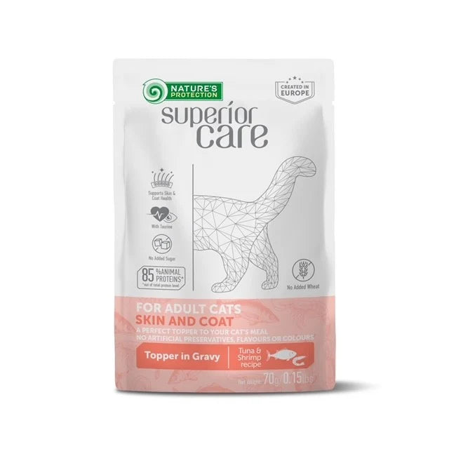 Nature's Protection Superior Care topper pentru pisici adulte, piele si blana, ton si creveti, 70 g
