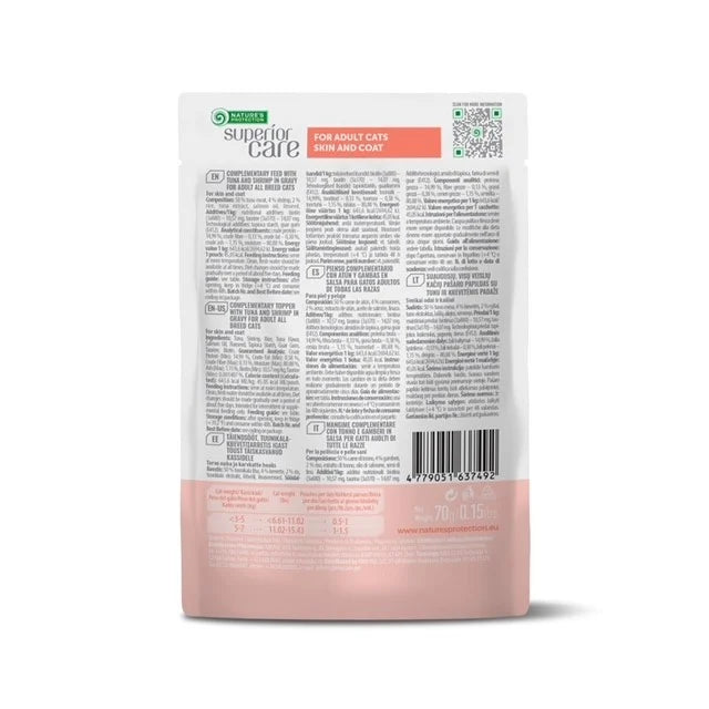 Nature's Protection Superior Care topper pentru pisici adulte, piele si blana, ton si creveti, 70 g