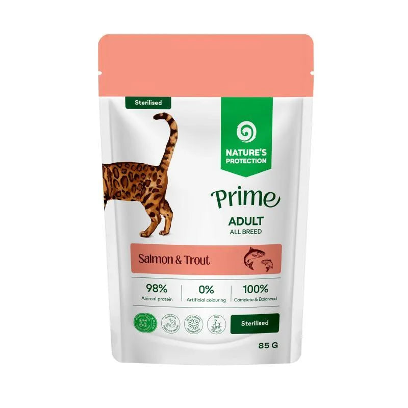 Nature's Protection Prime Sterilised hrana umeda pentru pisici cu somon si pastrav, 85 g