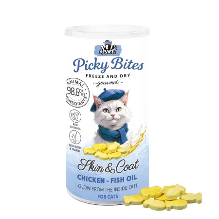 Pet's Dessert Picky Bites Skin & Coat recompensa liofilizata cu pui si ulei de peste pentru pisici, 30 g