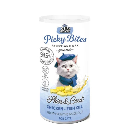 Pet's Dessert Picky Bites Skin & Coat recompensa liofilizata cu pui si ulei de peste pentru pisici, 30 g
